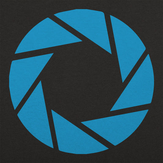 Aperture Labs Blue Camera Shutter Logo graphic tee design