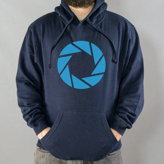 Aperture Labs Blue Camera Shutter Logo graphic Hoodie in Navy Blue