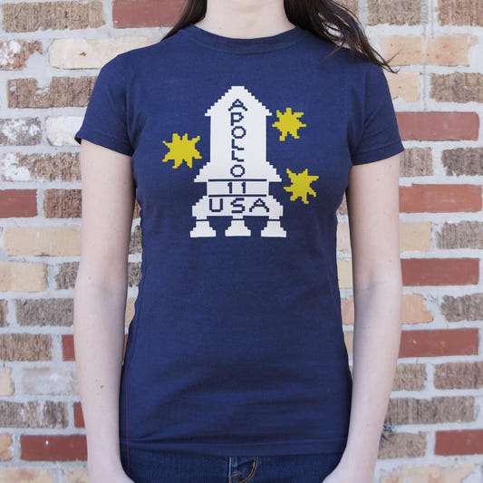 Apollo 11 Retro Pixel Art Rocket Ship graphic Women's T-Shirt in True Navy