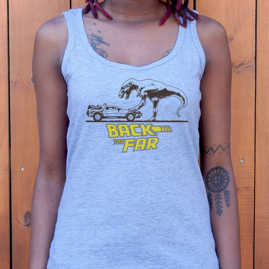 Back Too Far Time Machine DeLorean and T-Rex graphic Women's Tank Top in Gray Granite