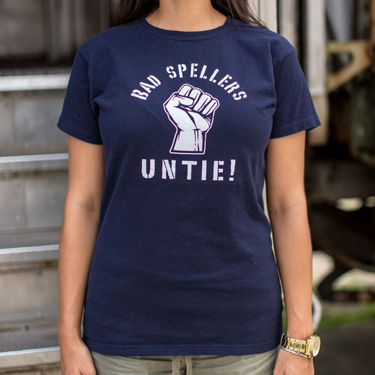 Bad Spellers Untie Raised Fist Protest Pun graphic Women's T-Shirt in True Navy