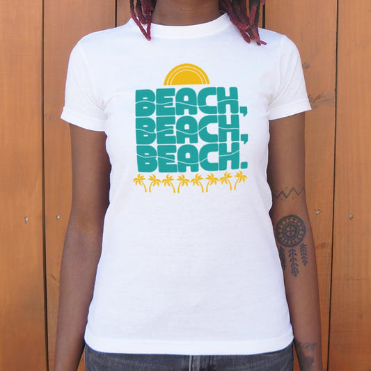 Beach, Beach, Beach Retro Sun and Palm Trees Design graphic Women's T-Shirt in Snow