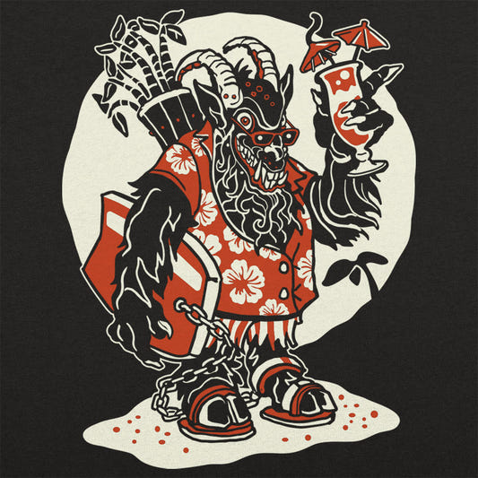 Beach Krampus Holiday Demon in Hawaiian with Cocktail graphic Unisex Heavyweight T-Shirt in Black
