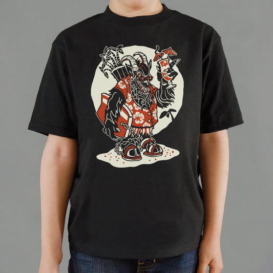 Beach Krampus Holiday Demon in Hawaiian with Cocktail graphic Kids T-Shirt in Black