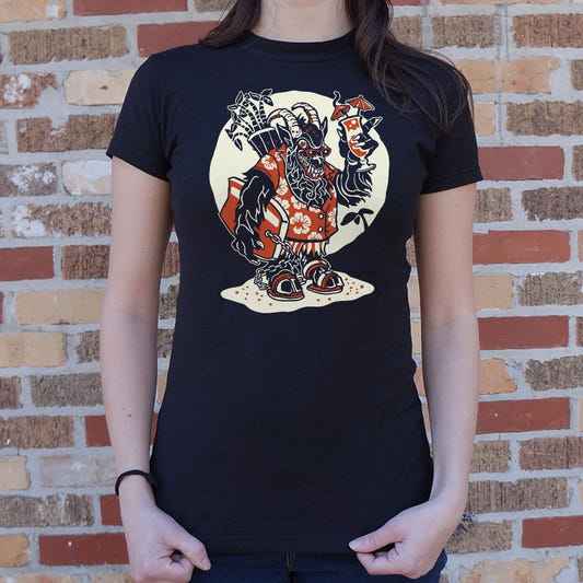 Beach Krampus Holiday Demon in Hawaiian with Cocktail graphic Women's T-Shirt in Midnight