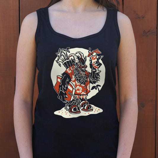 Beach Krampus Holiday Demon in Hawaiian with Cocktail graphic Women's Tank Top in Midnight
