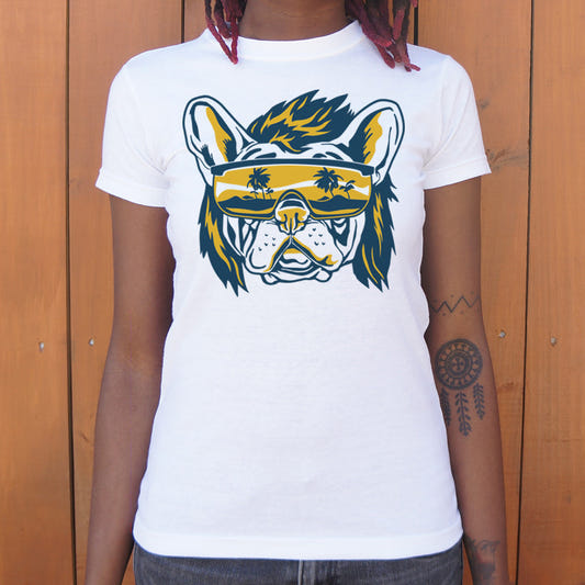 Beach Pooch Bulldog with Sunglasses Graphic Women's T-Shirt in Snow