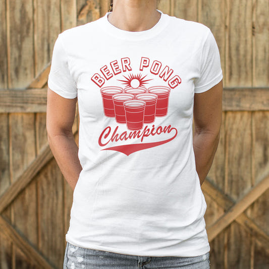 Beer Pong Champion with Red Cups Varsity Logo graphic Women's T-Shirt in Snow