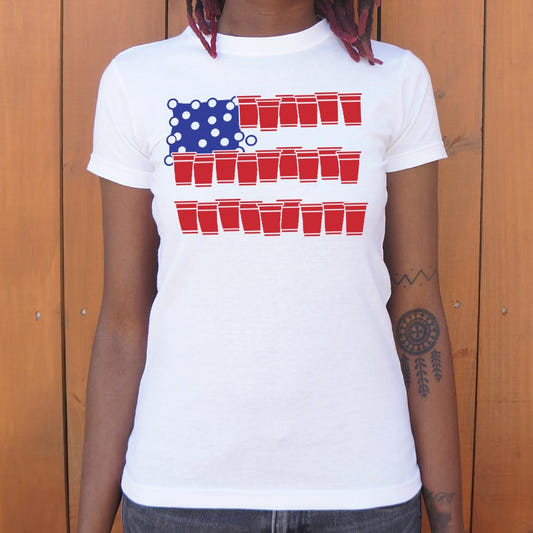 Beer Pong USA Flag Made of Red Cups and Ping Pong Balls graphic Women's T-Shirt in Snow