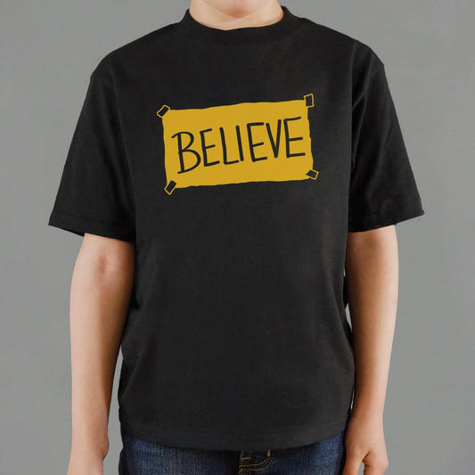 Believe Taped Yellow Paper Sign graphic Kids T-Shirt in Black