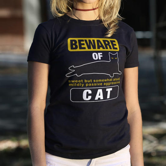 Beware Of Cat Warning Sign, graphic Women's T-Shirt in Midnight