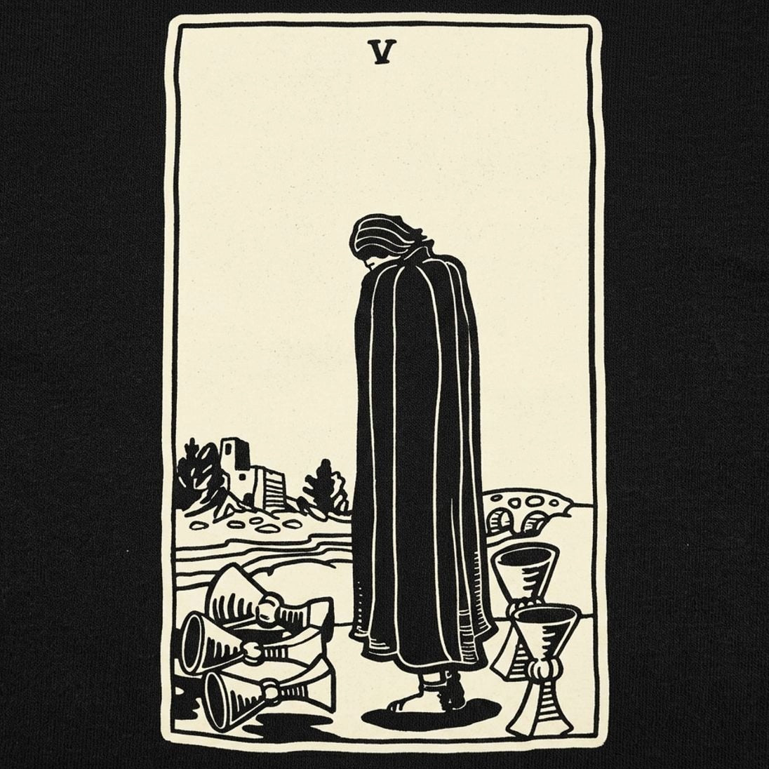 Tarot Five of Cups Card Hooded Figure Mourning detail