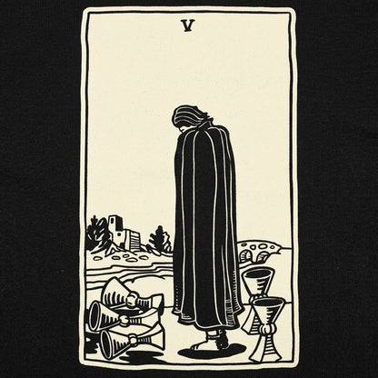 Tarot Five of Cups Card Hooded Figure Mourning detail