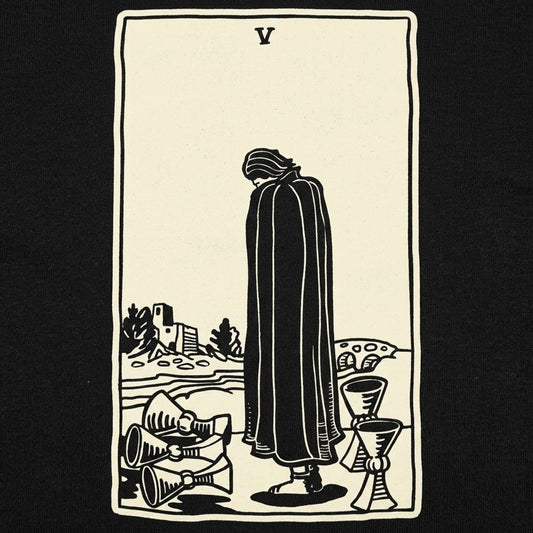Tarot Five of Cups Card Hooded Figure Mourning detail