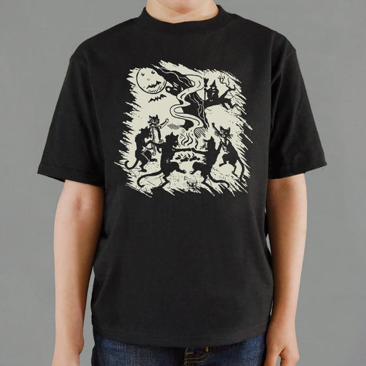 Black Cat Dance Halloween Witch Bonfire graphic Kids T-Shirt in Black