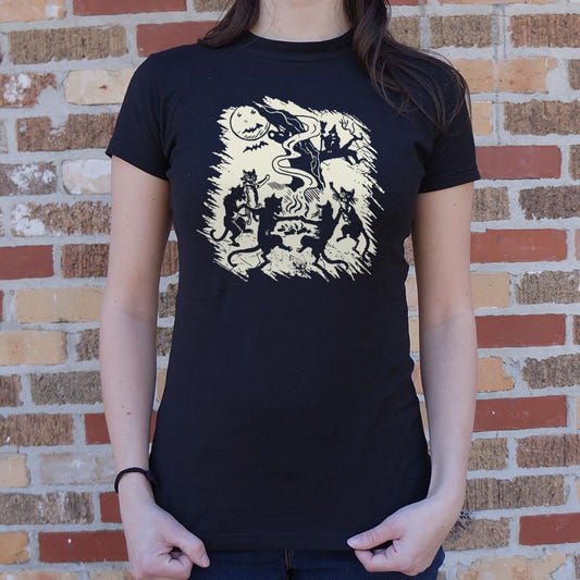 Black Cat Dance Halloween Witch Bonfire graphic Women's T-Shirt in Midnight