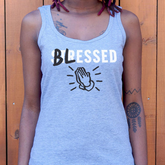 Blessed Not Stressed with Praying Hands graphic Women's Tank Top in Gray Granite