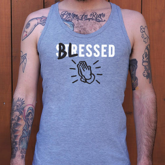 Blessed Not Stressed with Praying Hands graphic Men's Tank Top in Gray Heather