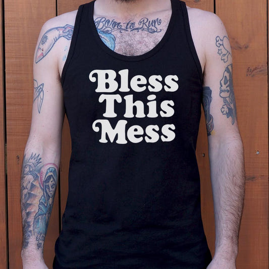 Bless This Mess Retro Typography Quote graphic Men's Tank Top in Black