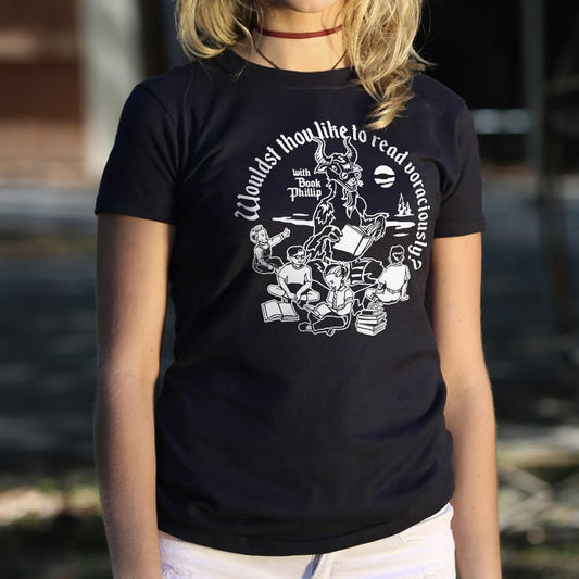 Book Phillip Horned Goat Reading Voraciously with Kids graphic Women's T-Shirt in Midnight