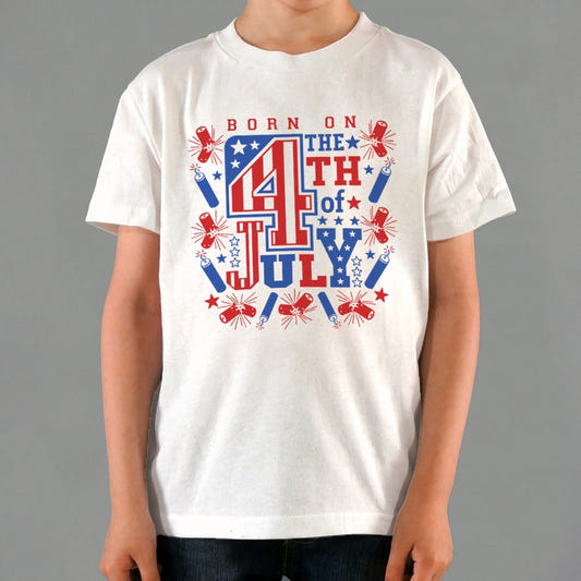 Born on the 4th of July with Fireworks and Stars graphic Kids T-Shirt in White