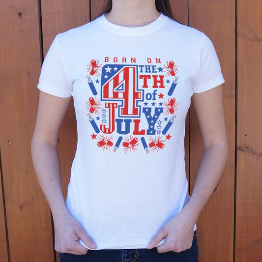 Born on the 4th of July with Fireworks and Stars graphic Women's T-Shirt in Snow