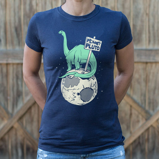 Brontosaurus On Pluto Holding a Planet Protest Sign graphic Women's T-Shirt in True Navy