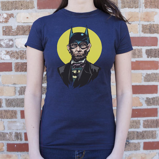 Caped Emancipator Abe Lincoln as Bat Vigilante Full Color graphic Women's T-Shirt in True Navy