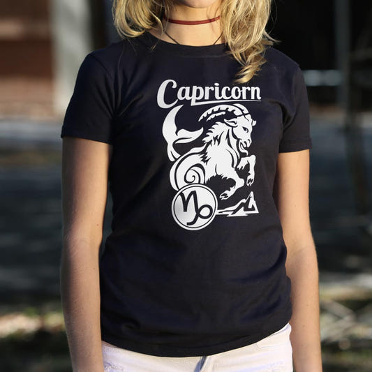 Capricorn Zodiac Sea Goat with Astrology Symbol graphic Women's T-Shirt in Midnight