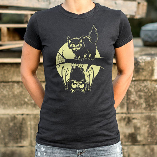 Black Cat and Bat Full Moon Halloween graphic Women's T-Shirt in Midnight