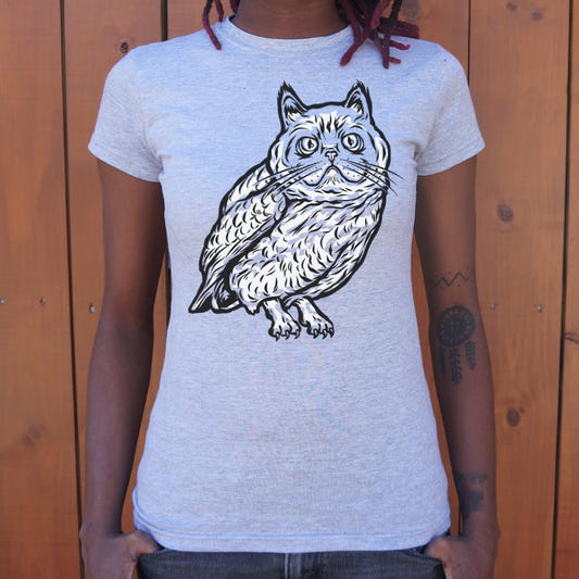 Cat Owl Hybrid Creature with Cat Head and Owl Body graphic Women's T-Shirt in Gray Granite