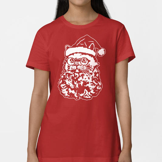 Cat Santa with Beard, Glasses, and Santa Hat graphic Women's T-Shirt in Deep Red