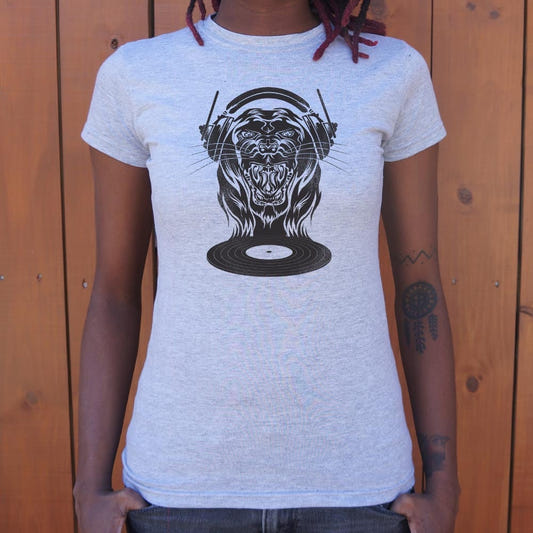 Cat Scratch Fever Roaring Lion DJ with Headphones and Vinyl Record graphic Women's T-Shirt in Gray Granite