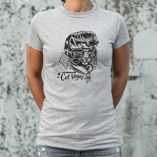 Cat Vegas Rock and Roll Cat with Pompadour and Sunglasses graphic Women's T-Shirt in Gray Granite