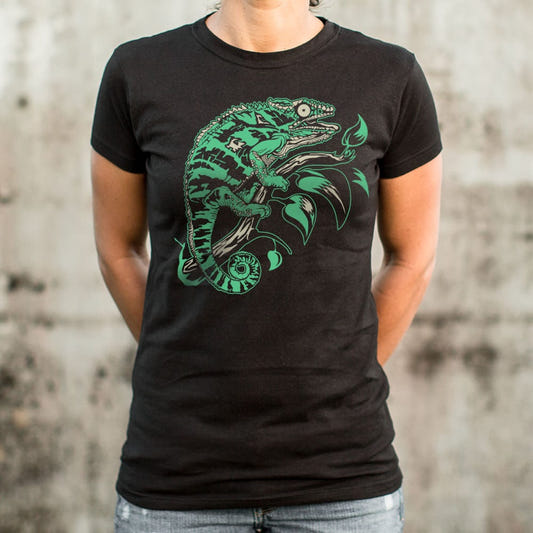 Chameleon on a Branch Lizard Art graphic Women's T-Shirt in Midnight