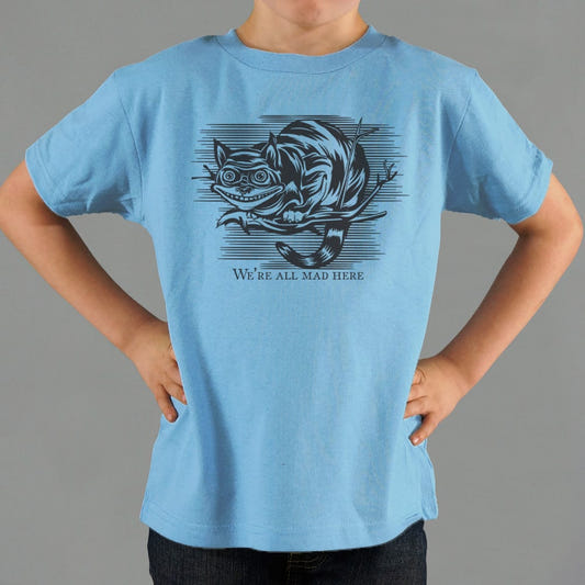 Cheshire Cat Madness - We're All Mad Here graphic Kids T-Shirt in Blue