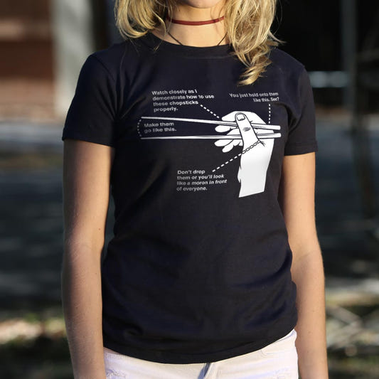 Chopsticks 101 Diagram Guide to Holding Chopsticks graphic Women's T-Shirt in Midnight