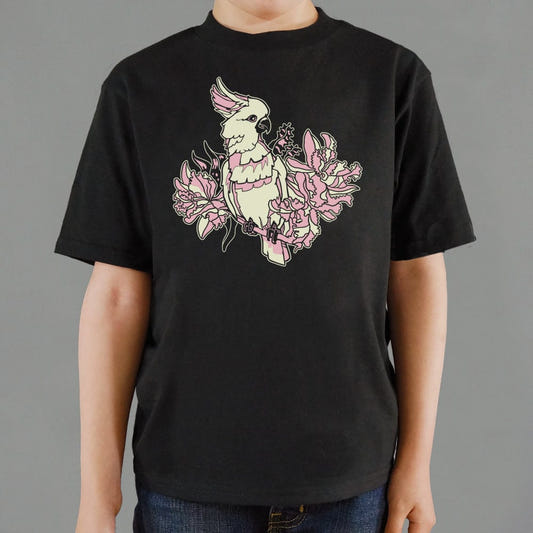 Cockatoo in Tropical Flowers Graphic Kids T-Shirt in Black
