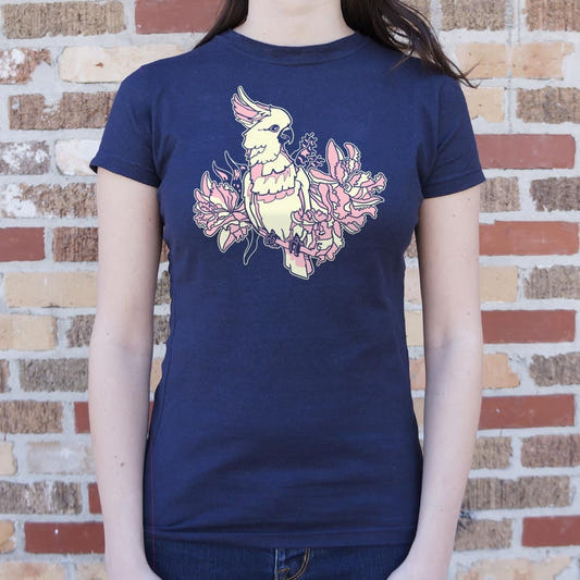 Cockatoo in Tropical Flowers Graphic Women's T-Shirt in True Navy