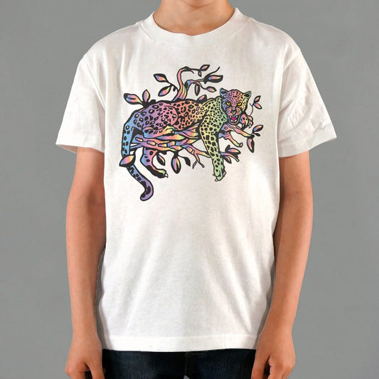 Rainbow Leopard Lounging Full Color graphic Kids T-Shirt in White