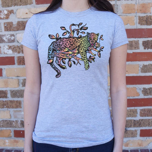 Rainbow Leopard Lounging Full Color graphic Women's T-Shirt in Gray Granite