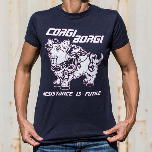 Corgi Borgi Cybernetic Robot Dog with Resistance is Futile graphic Women's T-Shirt in True Navy