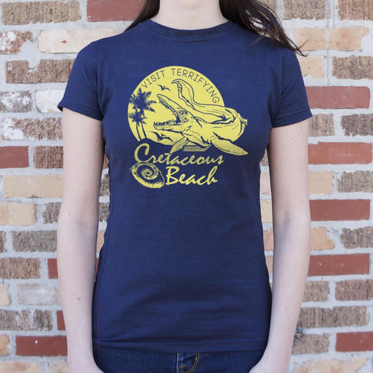 Visit Terrifying Cretaceous Beach Prehistoric Sea Monster graphic Women's T-Shirt in True Navy