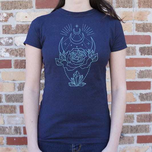 Crystal Rose Mystic Moon and Crystals Design graphic Women's T-Shirt in True Navy