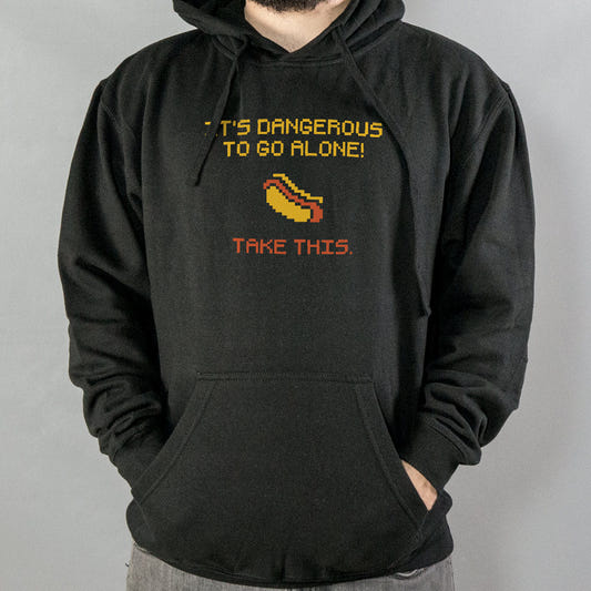 It's Dangerous to Go Alone, Take This Hot Dog graphic Hoodie in Black