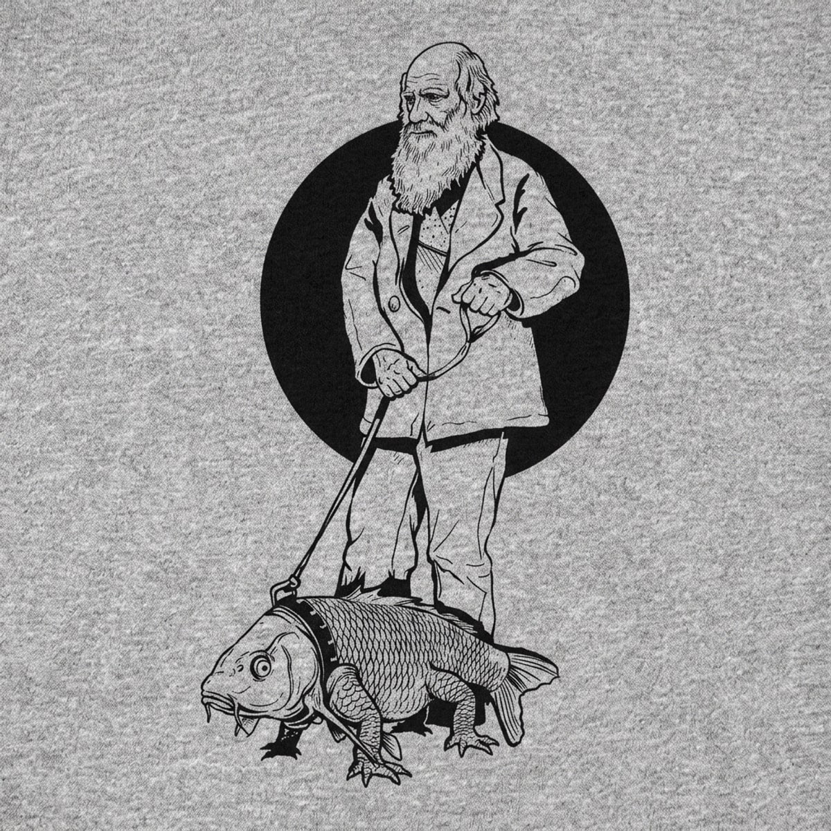 Darwin Walking a Fish with Legs on a Leash detail