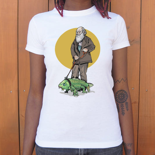 Darwin Walking a Fish Legged Evolution Creature graphic Women's T-Shirt in Snow