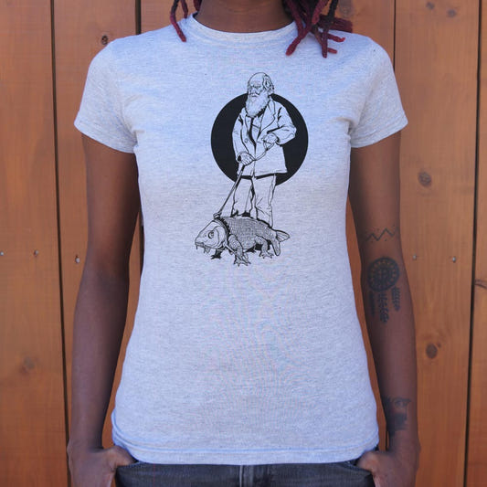 Darwin Walking a Fish with Legs on a Leash graphic Women's T-Shirt in Gray Granite