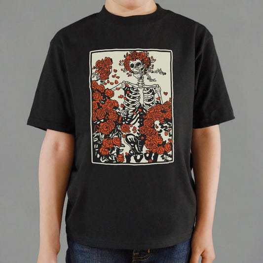 Dead and Roses Skeleton Retro Graphic Kids T-Shirt in Black