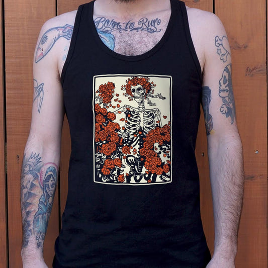 Dead and Roses Skeleton Retro Graphic Men's Tank Top in Black